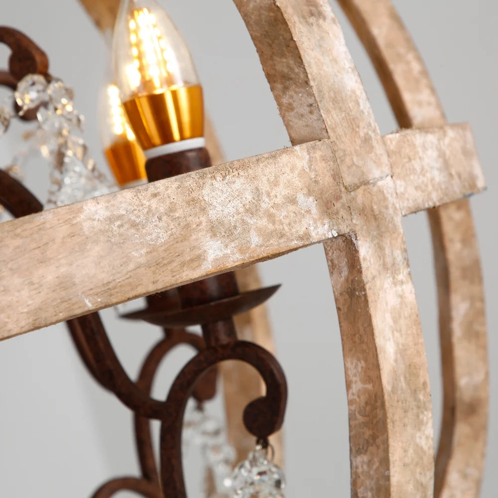 Weathered Wooden Globe Caged Rust Metal Scroll Crystal 5-Light Chandelier