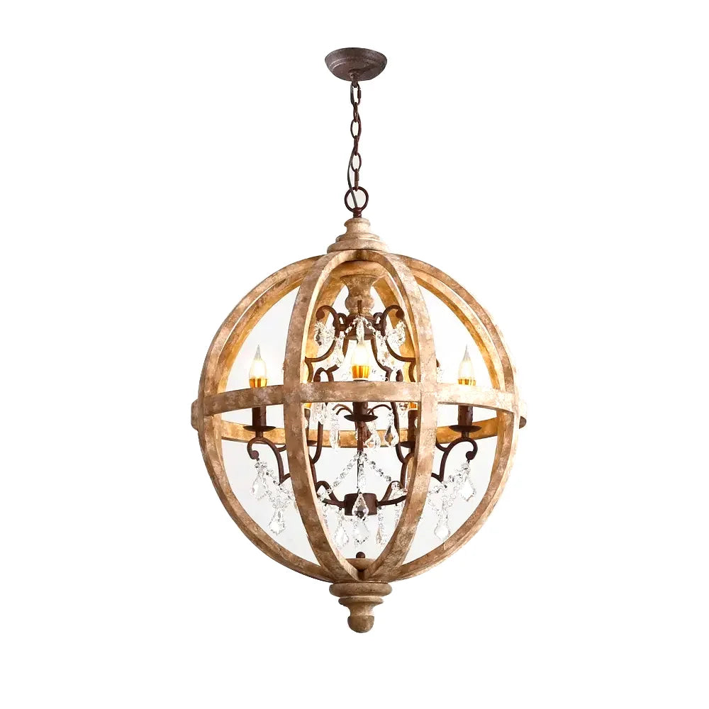 Weathered Wooden Globe Caged Rust Metal Scroll Crystal 5-Light Chandelier