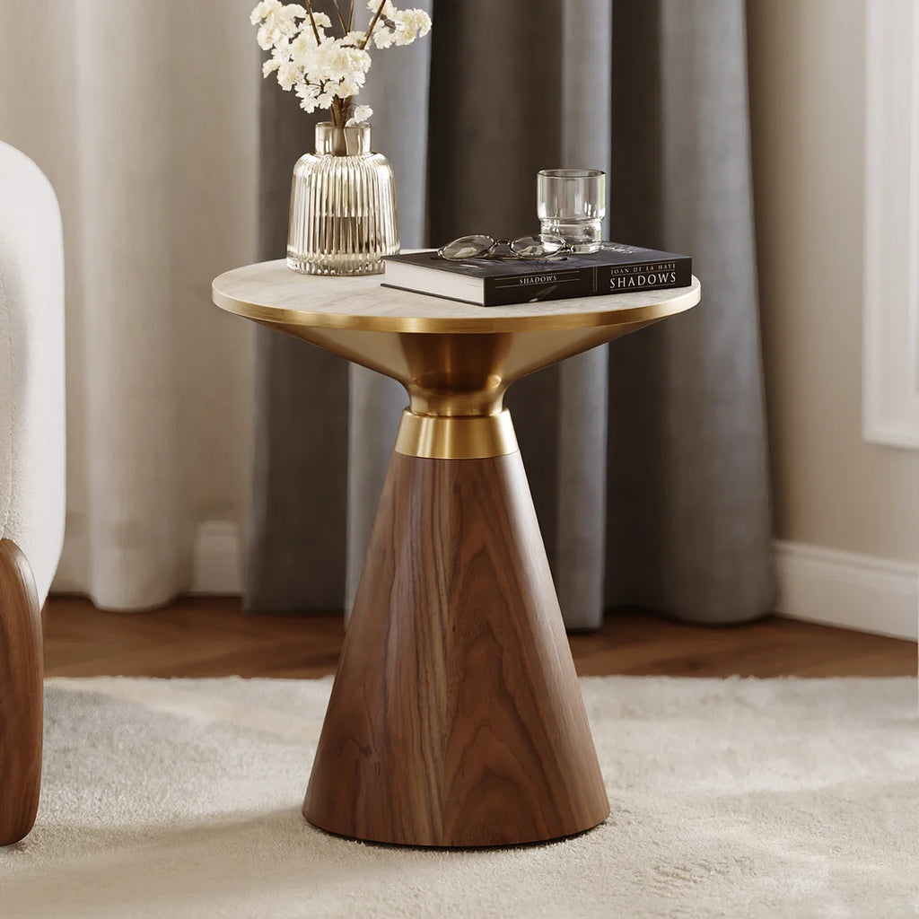Walnut Pedestal End Table with Travertine Top