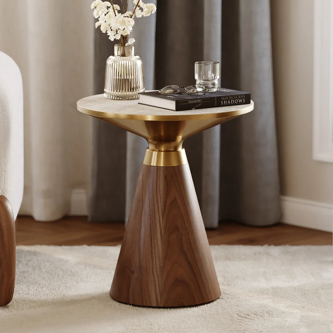 Walnut Pedestal End Table with Travertine Top