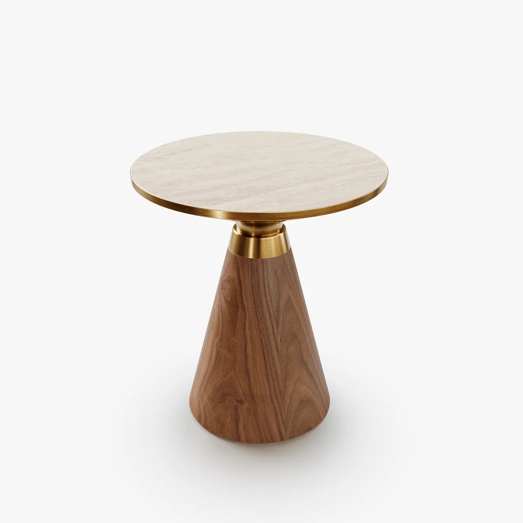 Walnut Pedestal End Table with Travertine Top