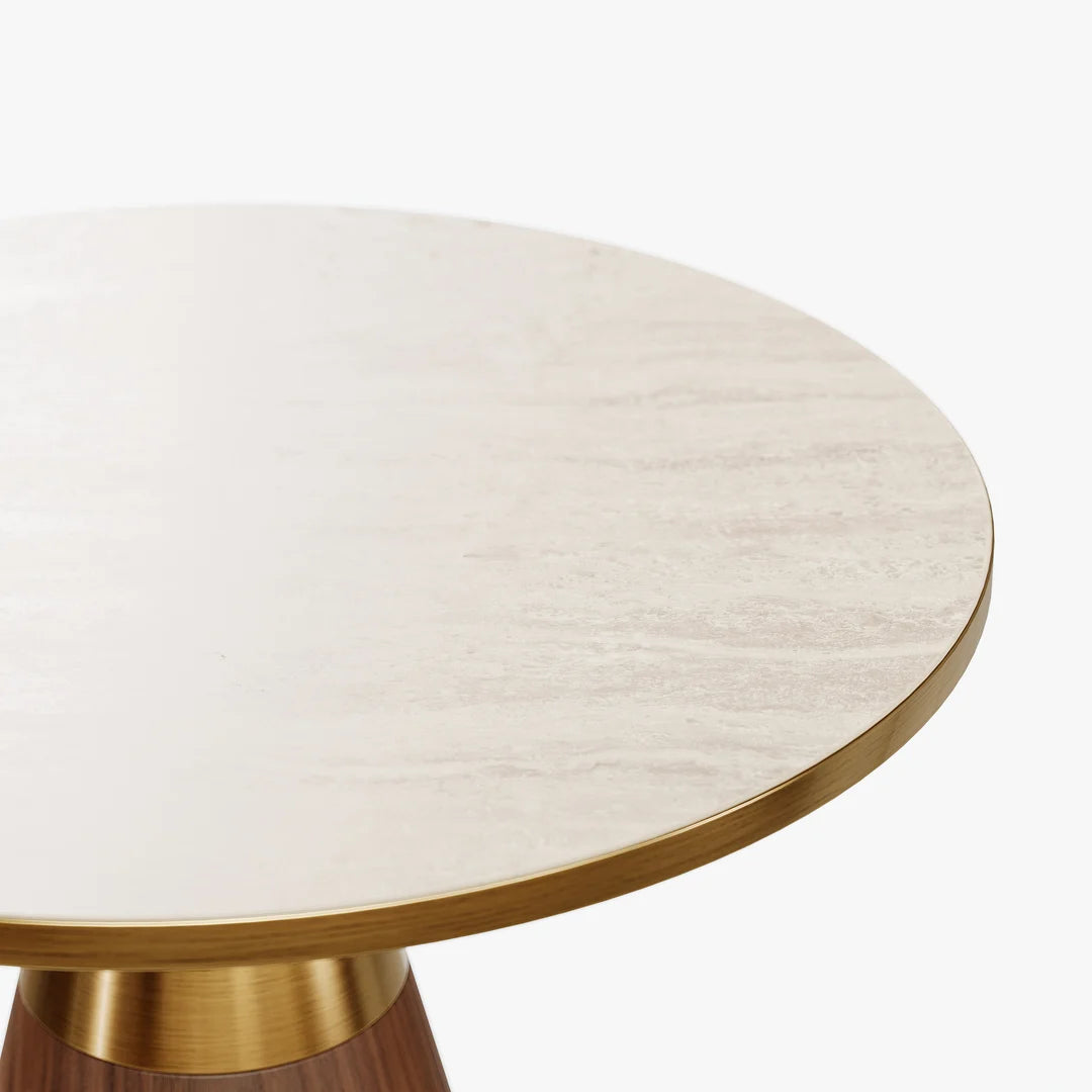 Walnut Pedestal End Table with Travertine Top