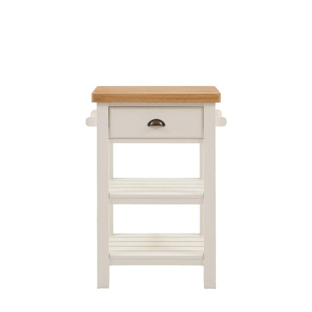 White Wooden Oak Top Butchers Block with Drawer and Shelves