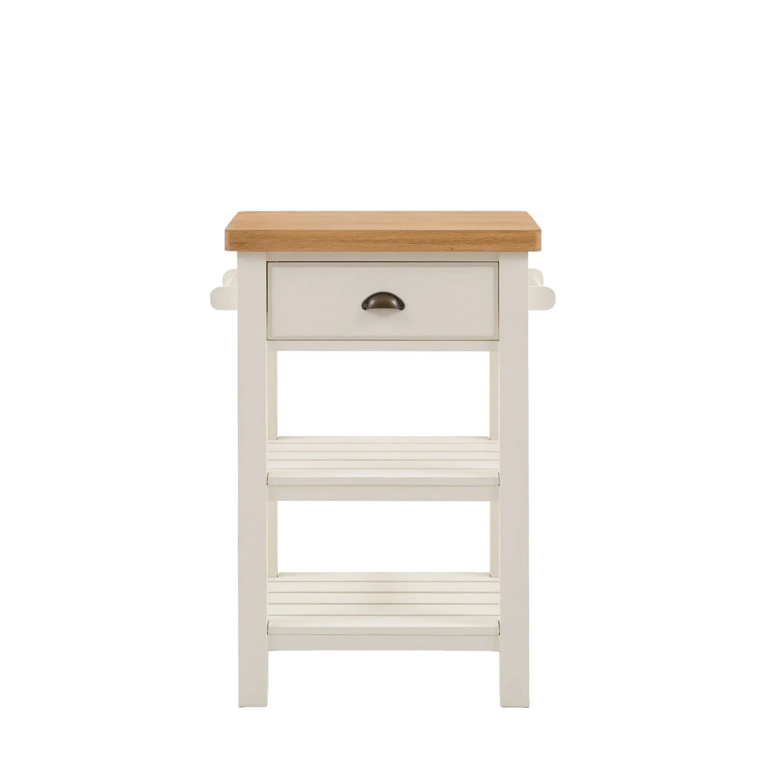 White Wooden Oak Top Butchers Block with Drawer and Shelves