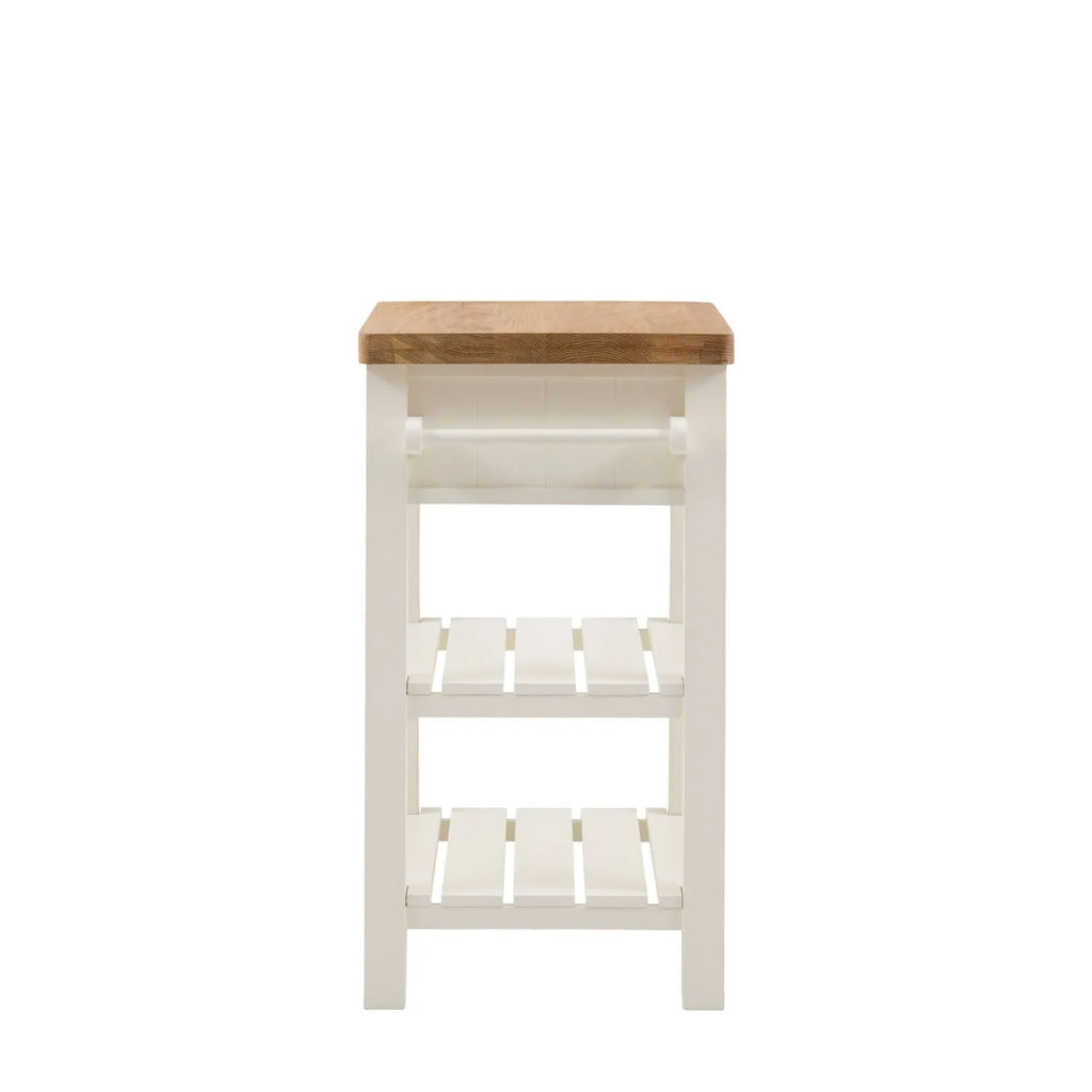 White Wooden Oak Top Butchers Block with Drawer and Shelves