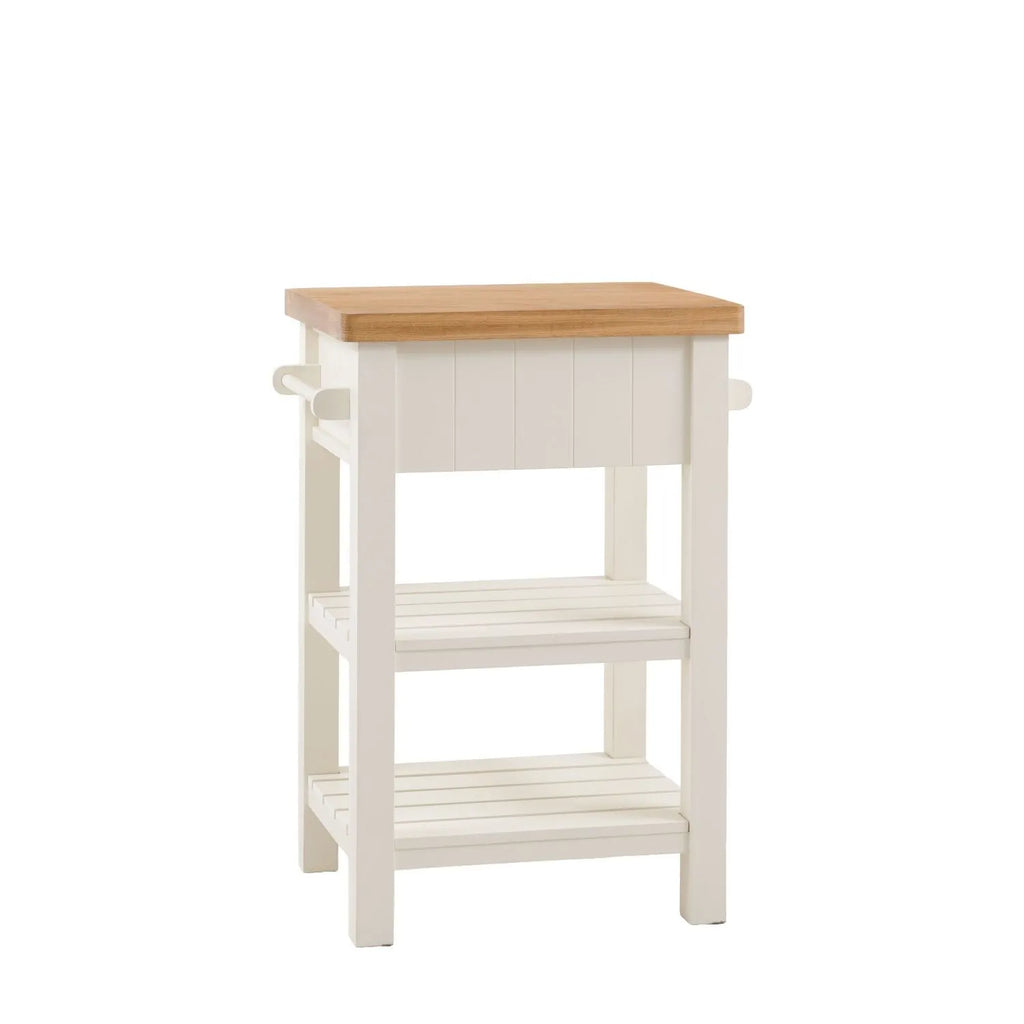 White Wooden Oak Top Butchers Block with Drawer and Shelves