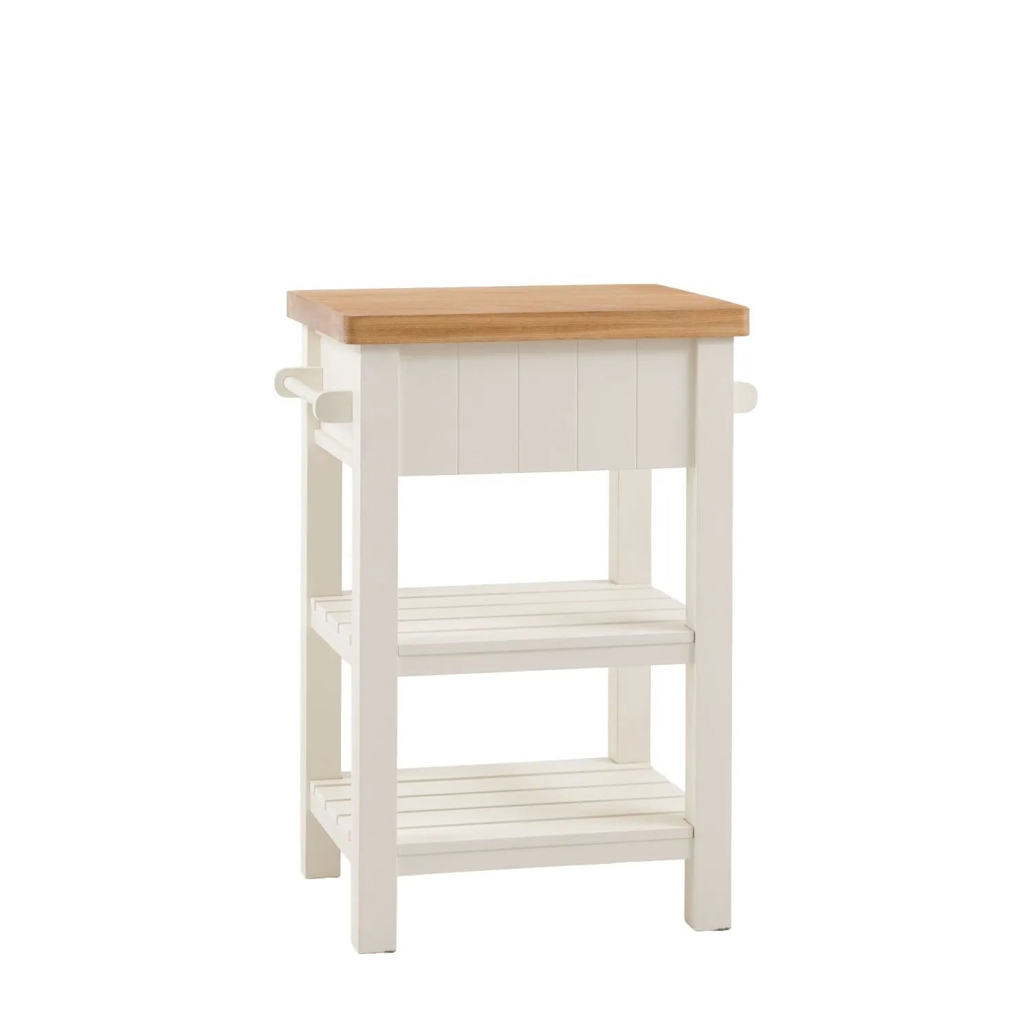 White Wooden Oak Top Butchers Block with Drawer and Shelves