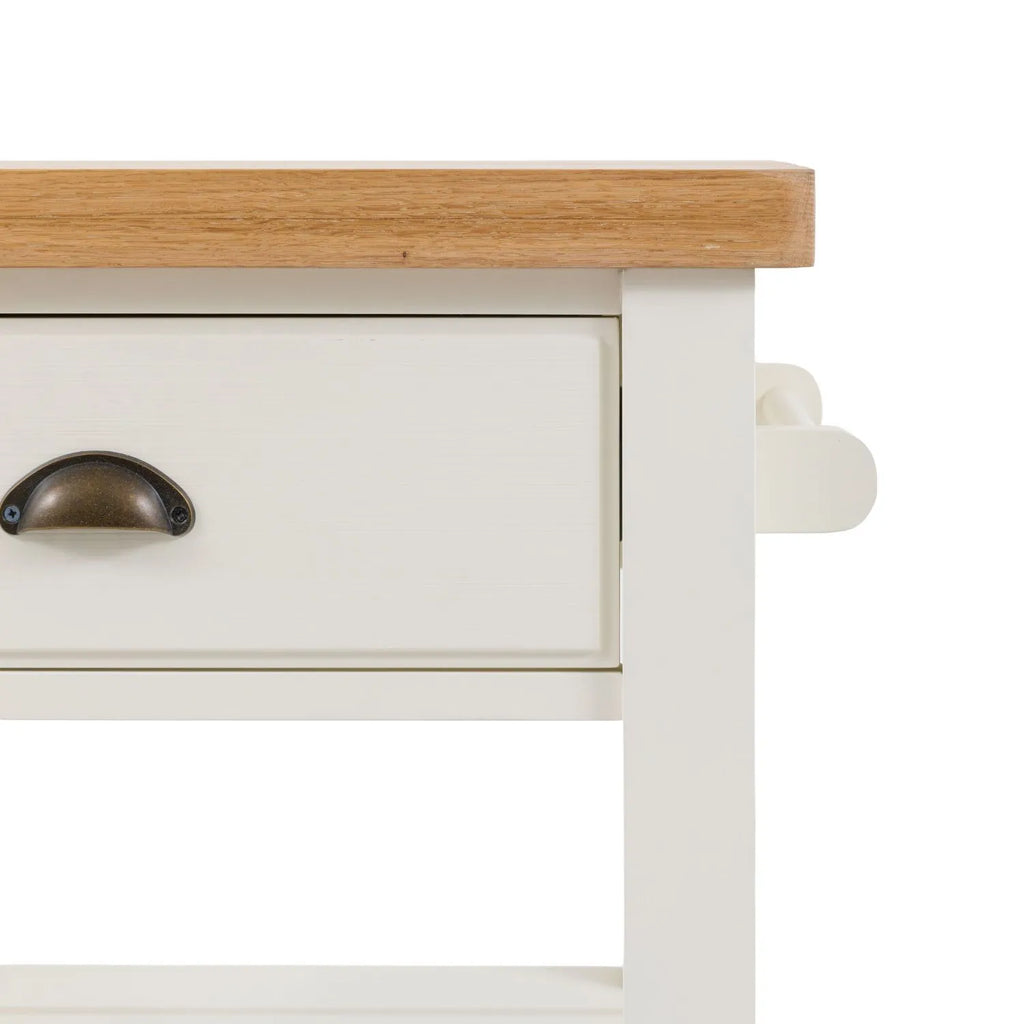 White Wooden Oak Top Butchers Block with Drawer and Shelves