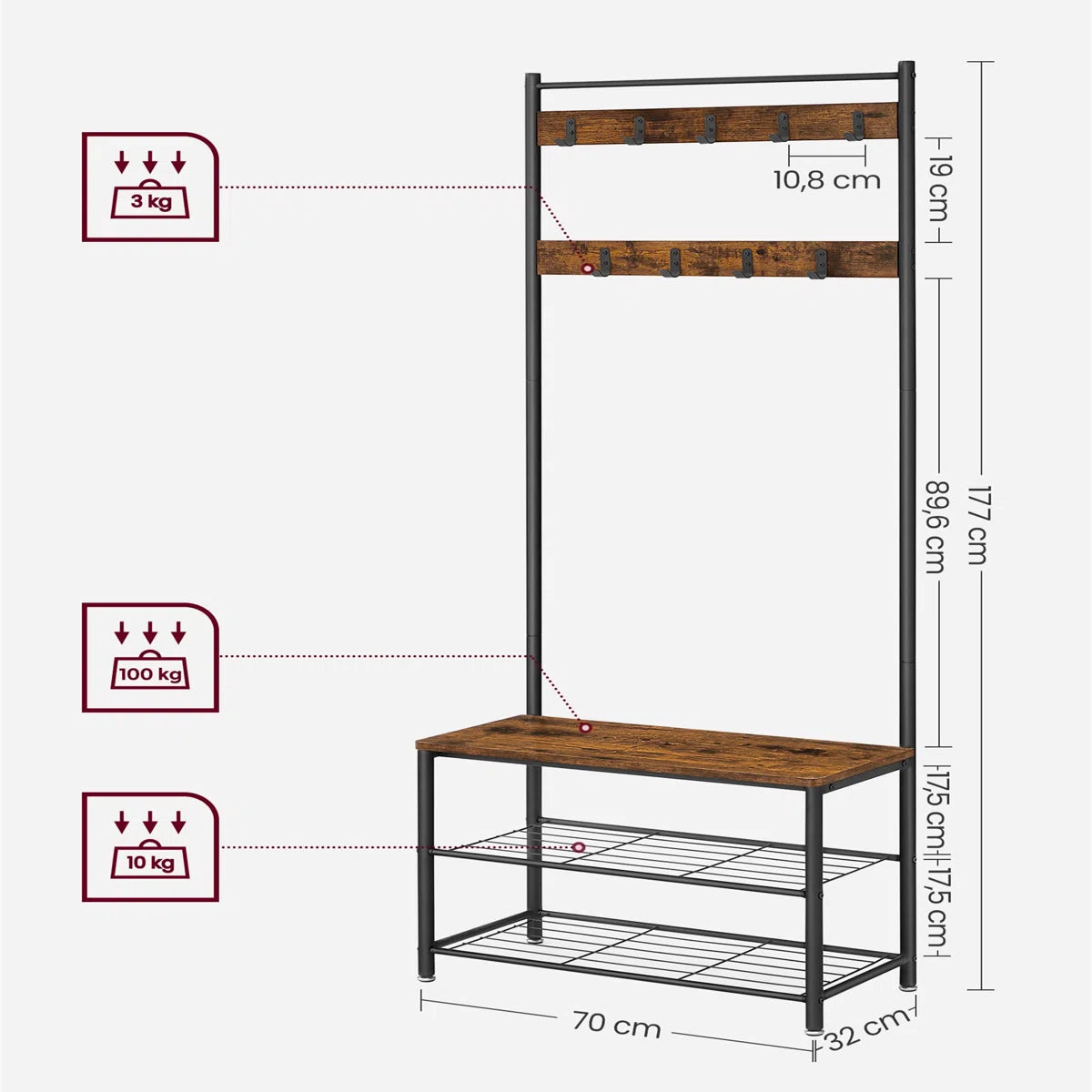 Abingdon Hall Tree 70cm Wide with Bench and Shoe Storage