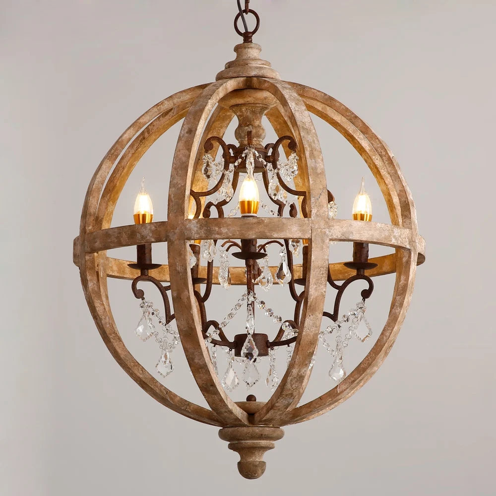 Weathered Wooden Globe Caged Rust Metal Scroll Crystal 5-Light Chandelier
